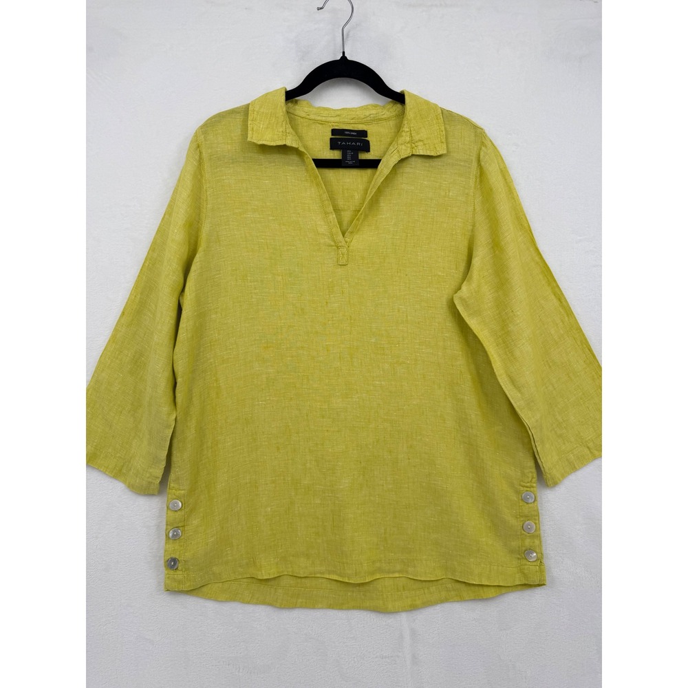 Tahari Womens Large 100% Linen Chartreuse Yellow 3/4 Sleeve Side Button Tunic